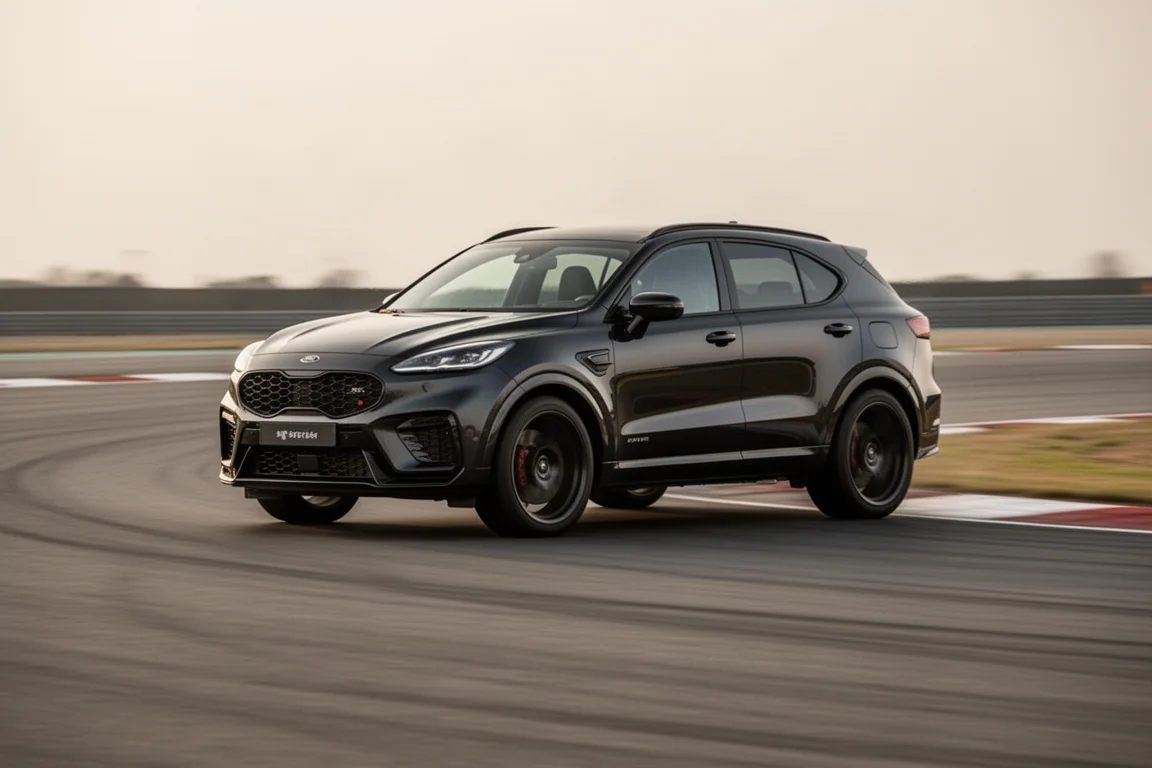 SUV cornering hard on a race circuit with slight body lean