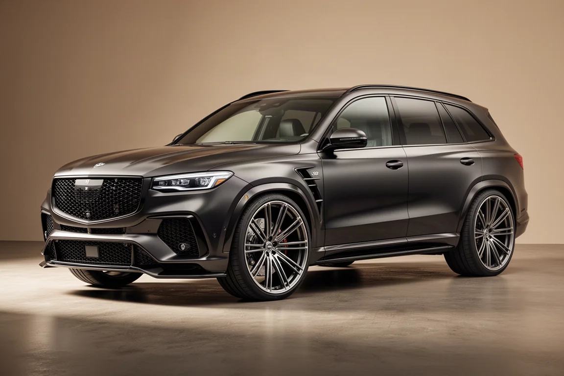 Dark high-performance SUV with large alloy wheels on a matte concrete surface