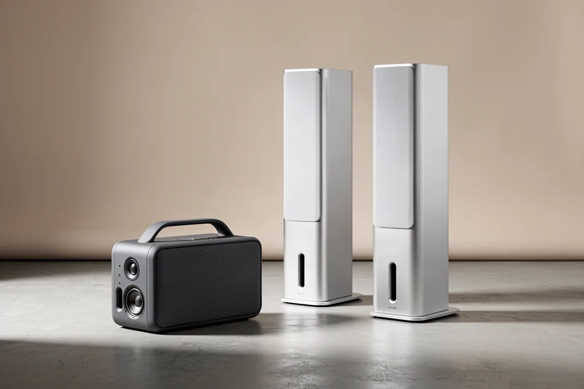 Portable speaker and two tall white floorstanding speakers arranged on a concrete floor