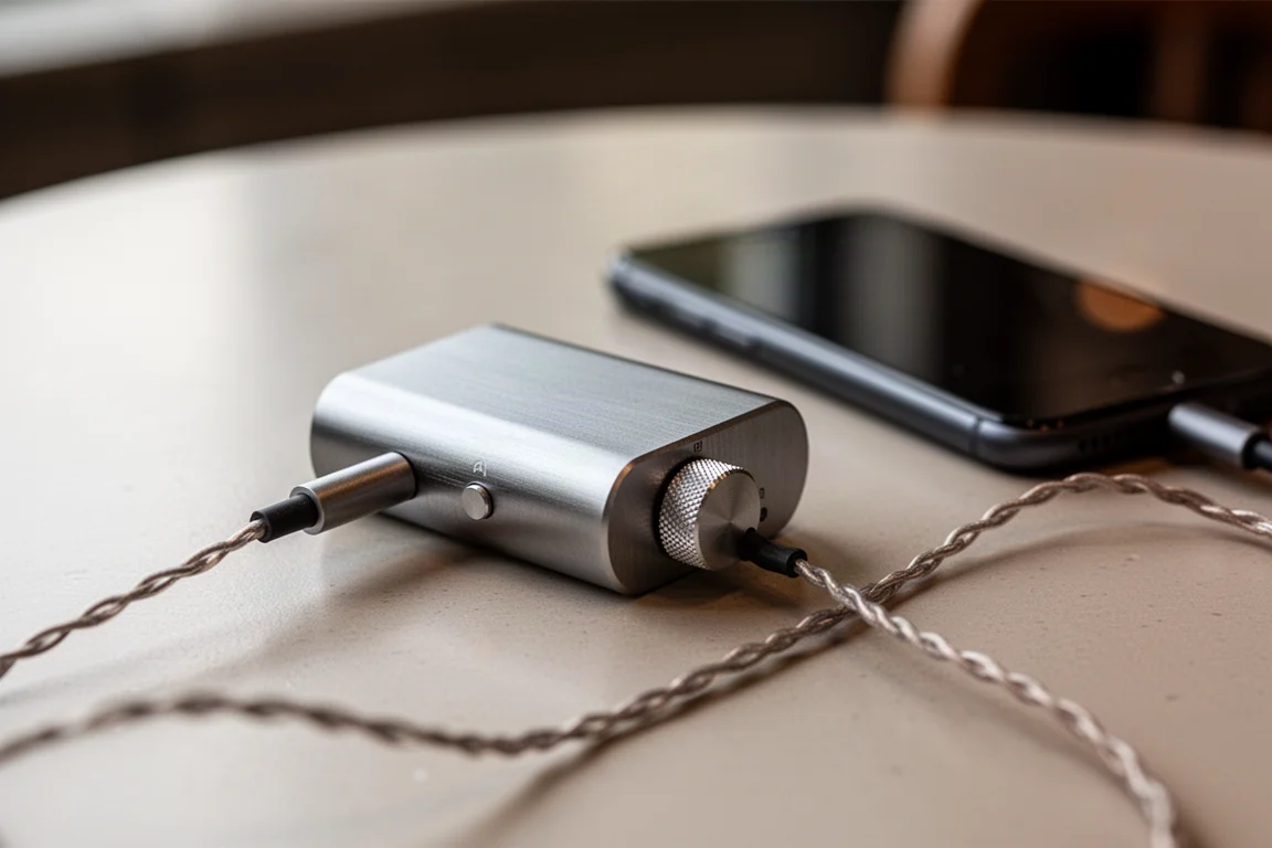 カフェのテーブルでスマートフォンの横に置かれた小型金属製Bluetoothヘッドホンアンプ