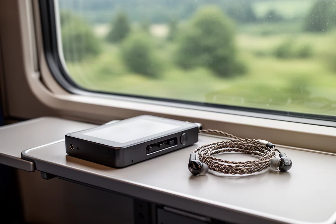 列車の窓側テーブルに置かれたデジタルオーディオプレーヤーと巻かれたイヤホンケーブル