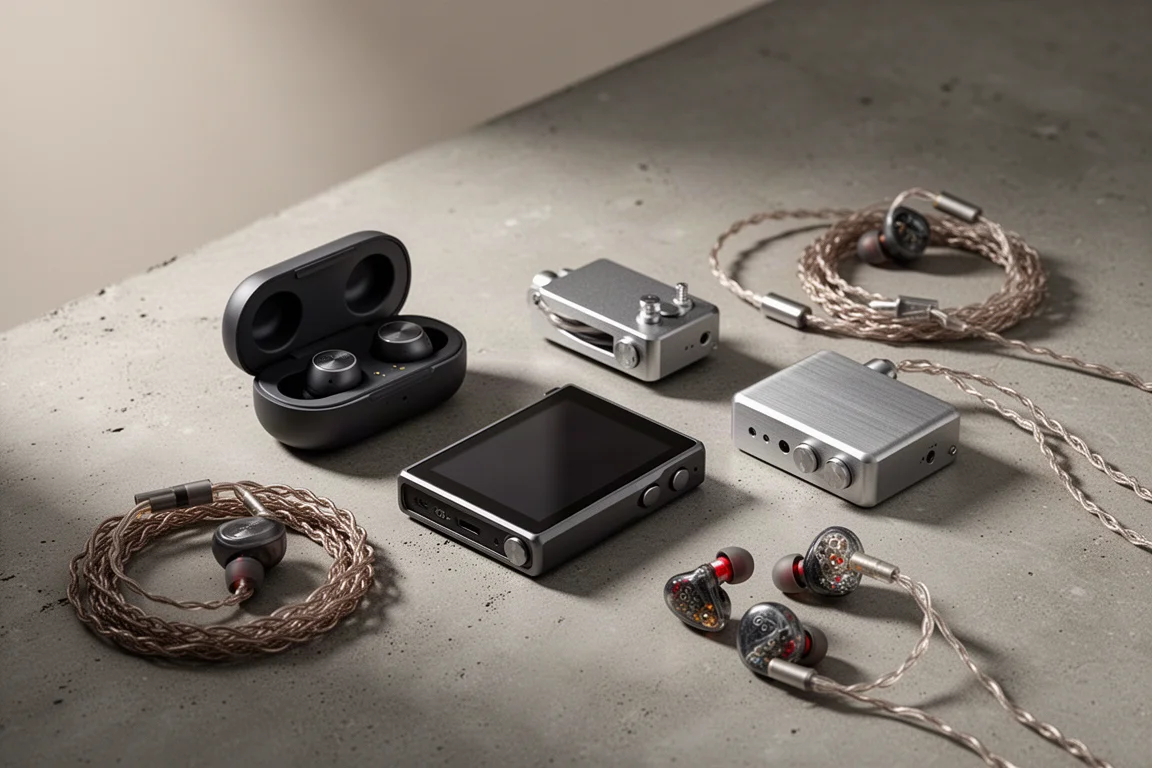 Portable audio gear arranged on concrete including earbuds, a player and wired in-ear monitors