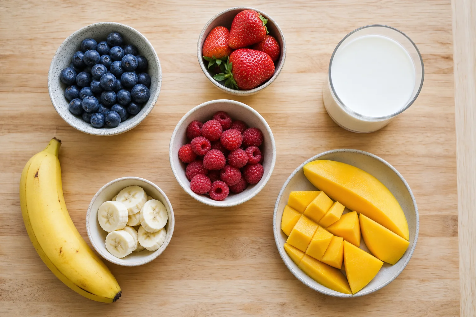 Ingredienti per un frullato di frutta fresca disposti su un piano cucina