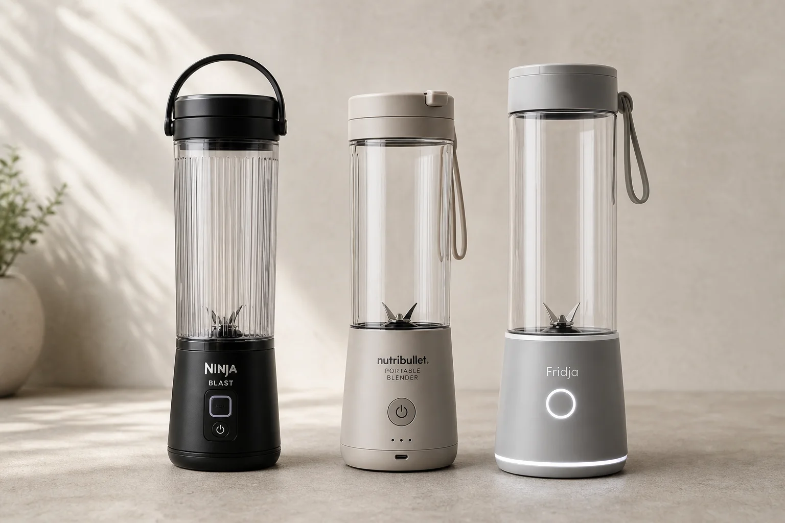 Three portable blenders lined up on concrete: Ninja Blast, NutriBullet, and Fridja