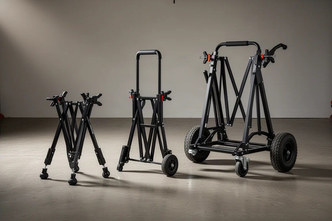 Three portable clamp stands side by side on a concrete garage floor