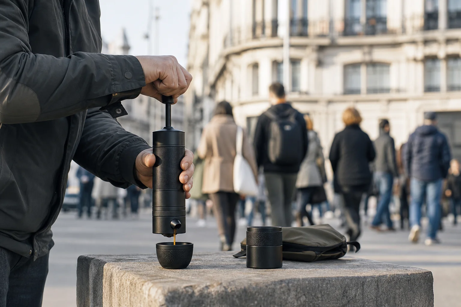 Person pumping a handheld espresso maker on a busy urban street
