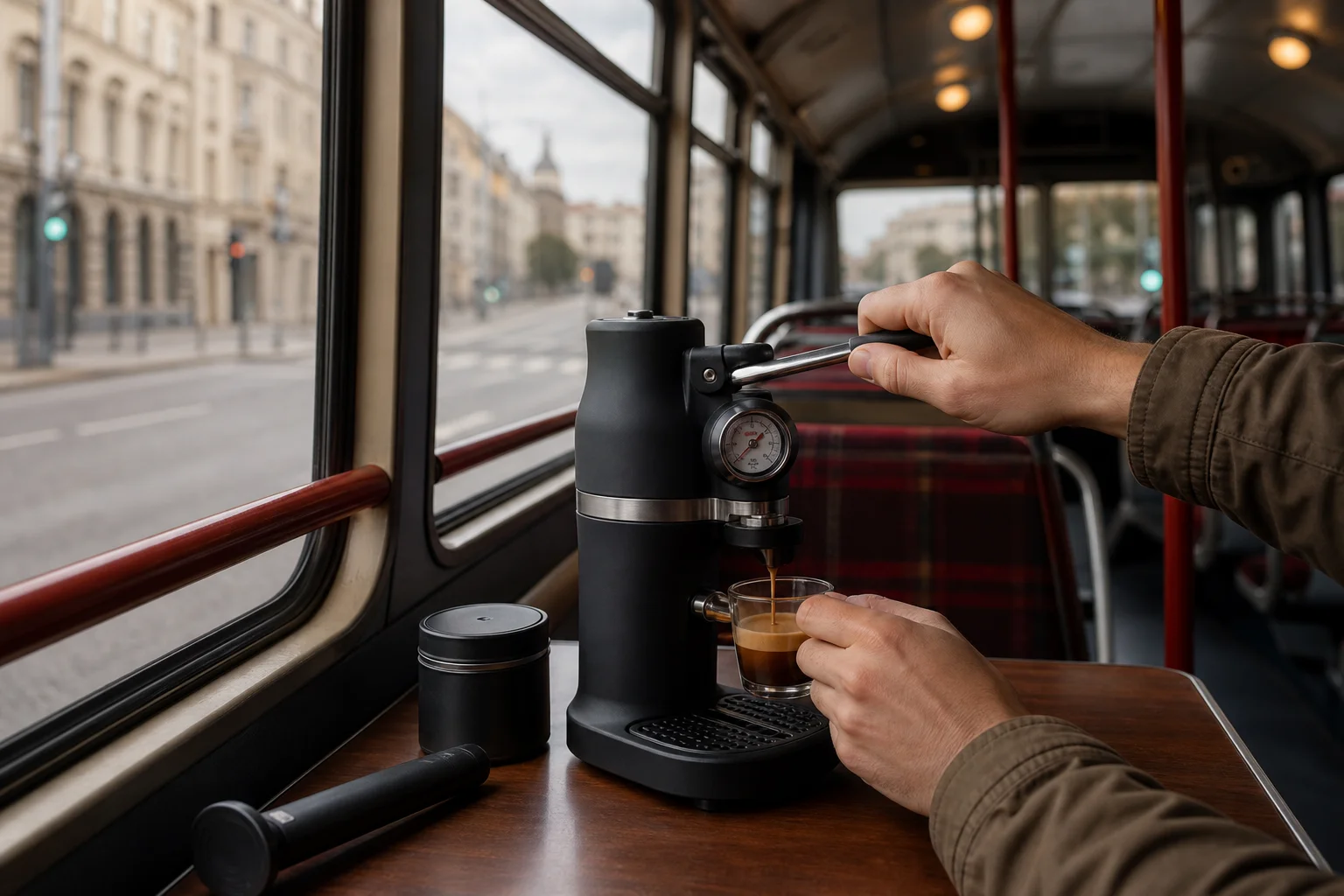 Portable espresso maker with pressure gauge being used on a city bus