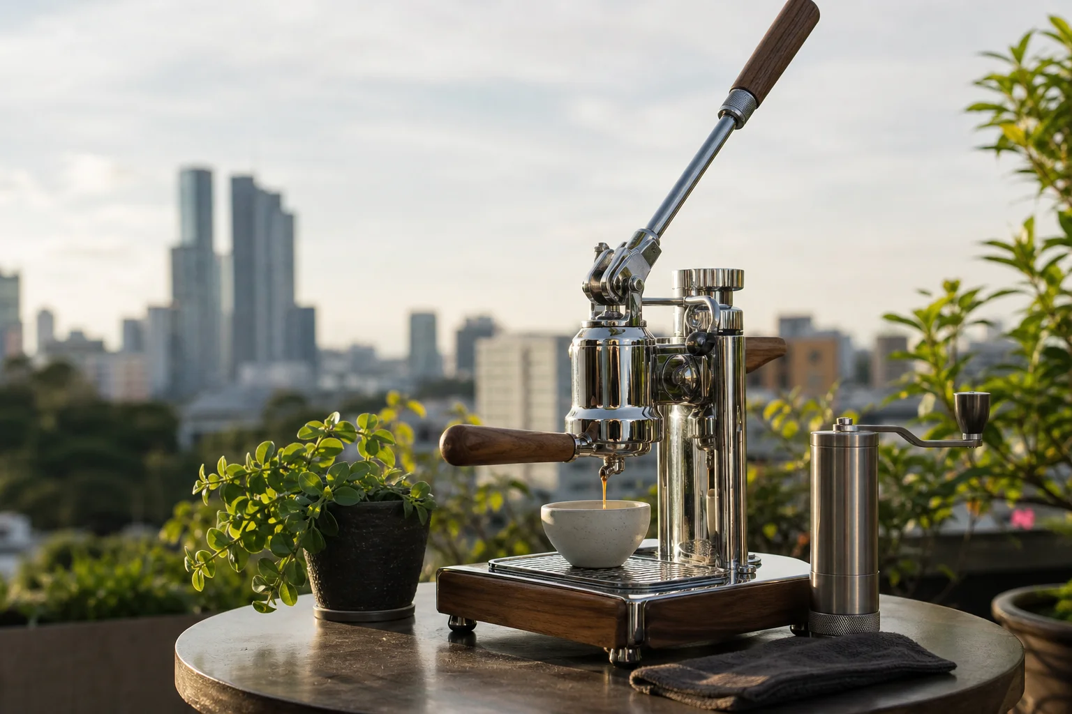 Manual lever espresso machine on a rooftop table with urban skyline