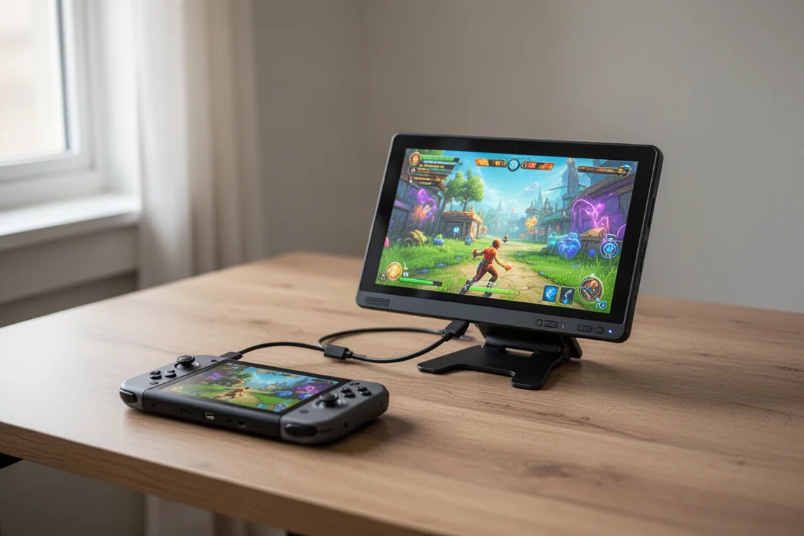 Portable-Monitor verbunden mit einem Handheld-Gaming-Gerät auf einem Holztisch