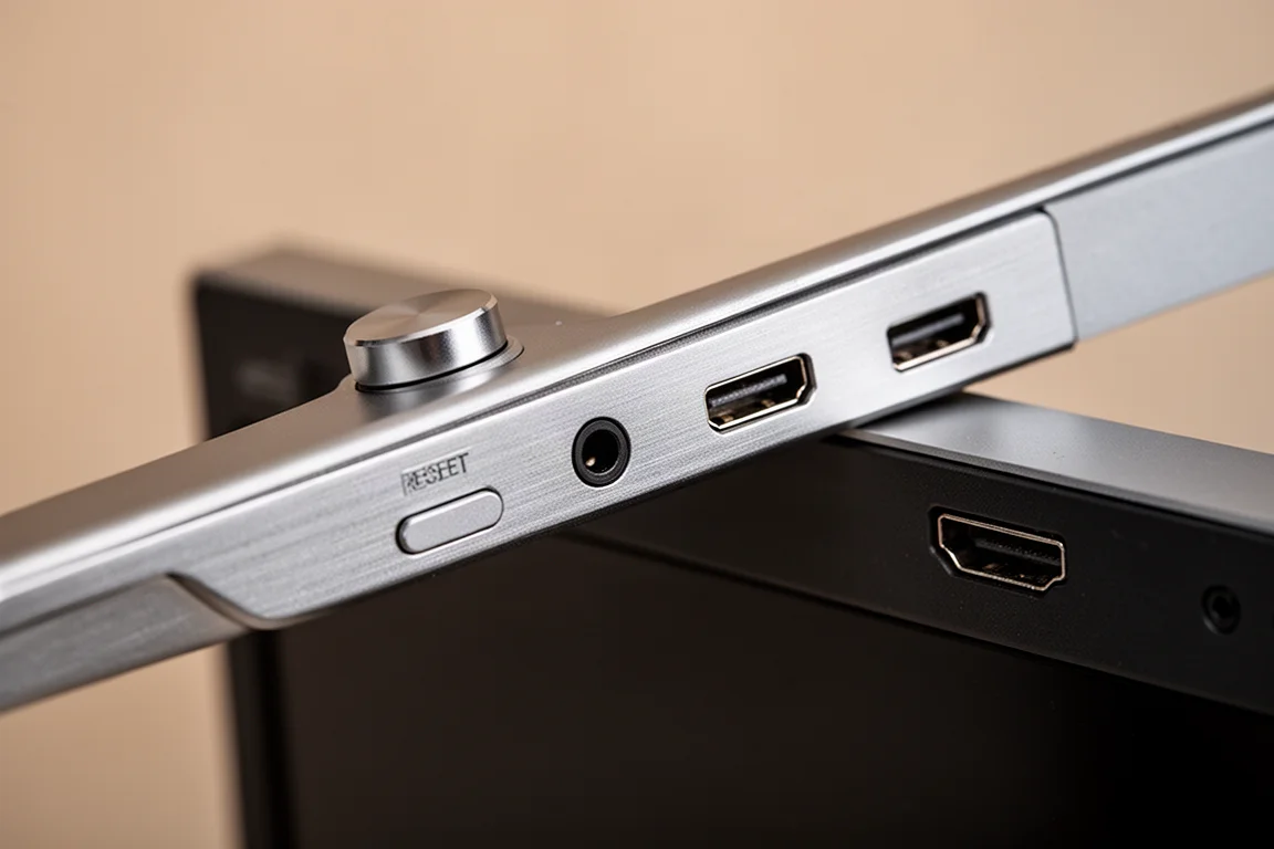 Nahaufnahme der Oberkante des Portable-Monitors mit Bedienknopf und Anschlüssen