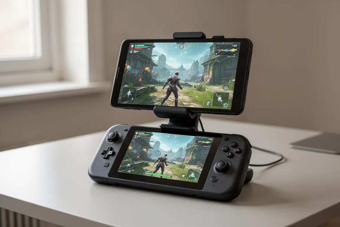 Handheld-Gaming-Gerät mit einem sekundären Portable-Monitor, der über einen Magnetständer befestigt ist