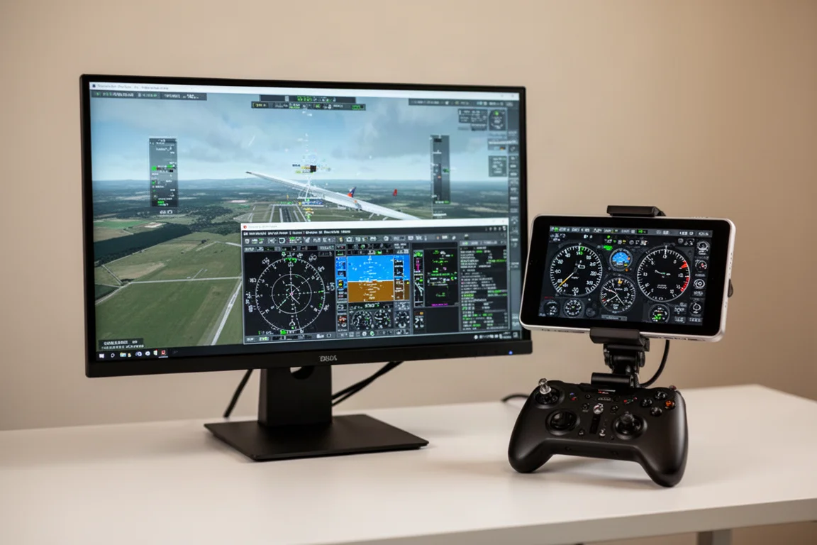 Dual-Screen-Setup mit einem Flugsimulator und einem Instrumentenbrett auf dem sekundären Monitor