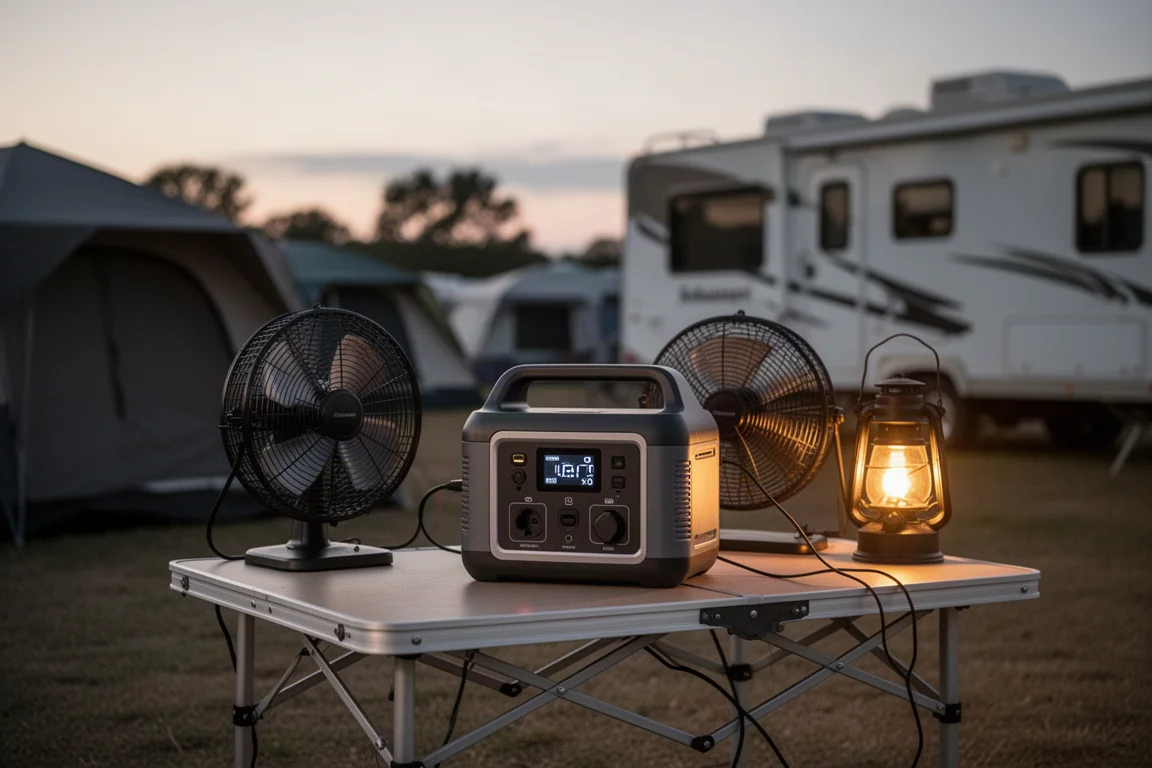 Campistas en un parque de RV usando un ventilador por la noche con una estación de energía portátil