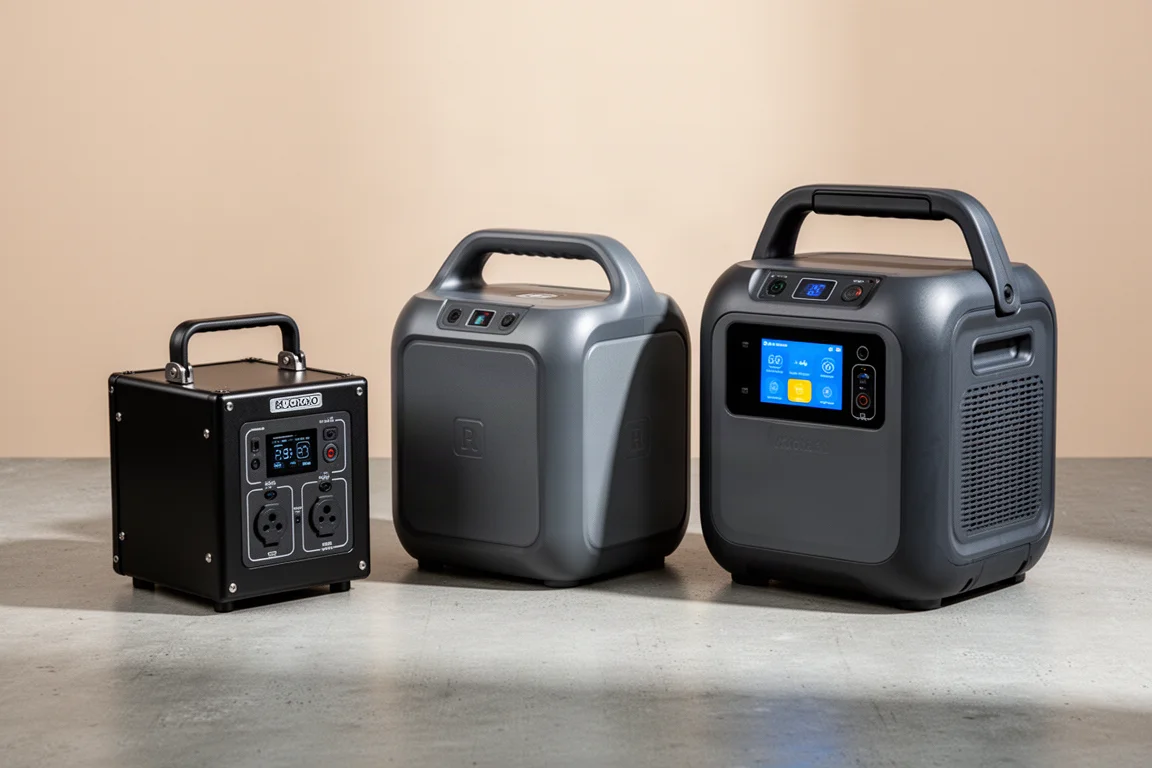 Three portable power stations side by side on a concrete surface