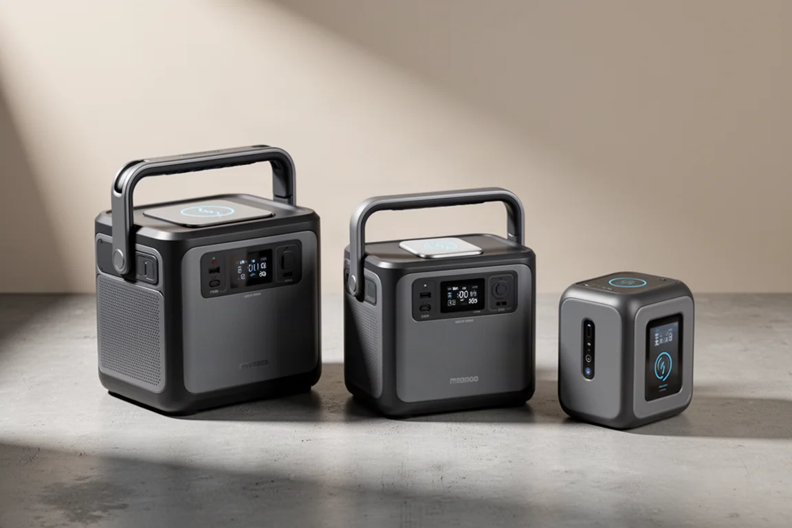 Three portable power stations of different sizes on a neutral grey surface