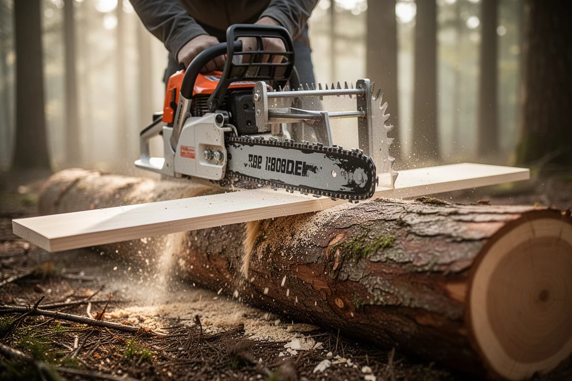 Chainsaw mill ripping a board from a large log in a woodland clearing