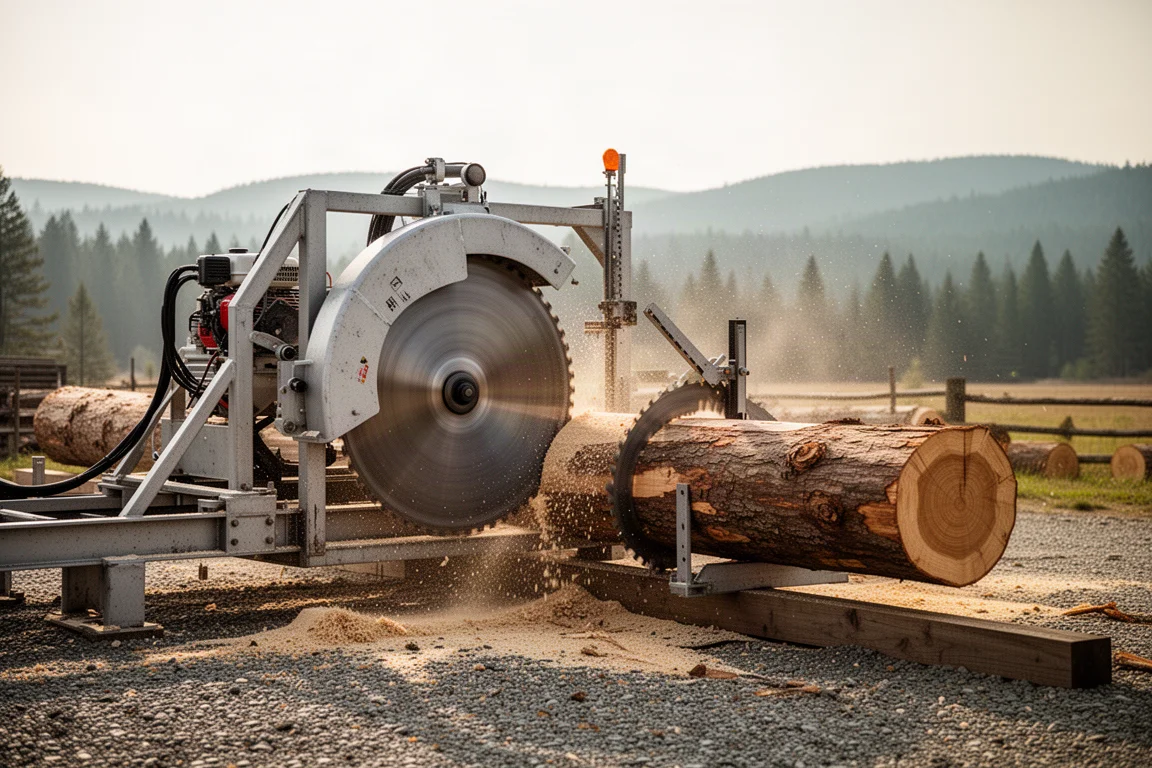Mobile Dimension circular sawmill cutting a large log on a rural site