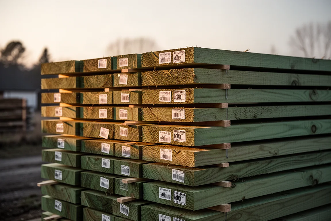 Stacked rough-cut green lumber air drying in a rural yard