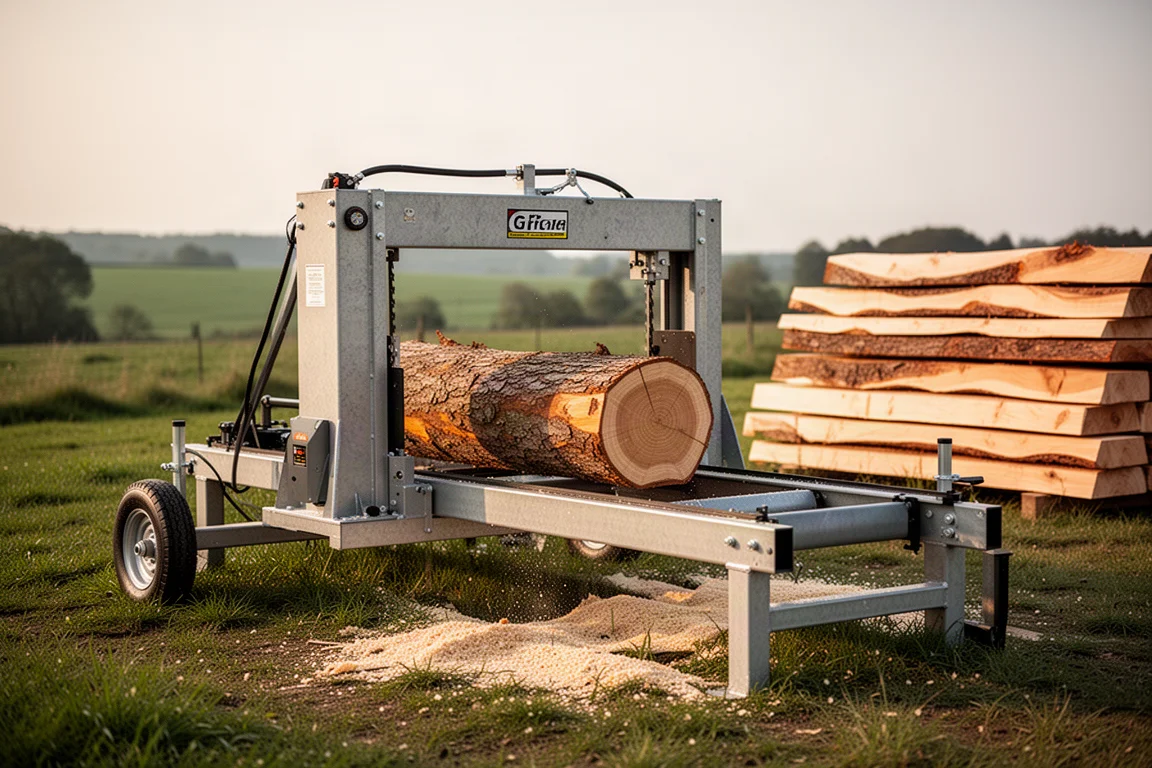 Portable band sawmill with a log loaded on its bed and stacked rough-cut boards nearby