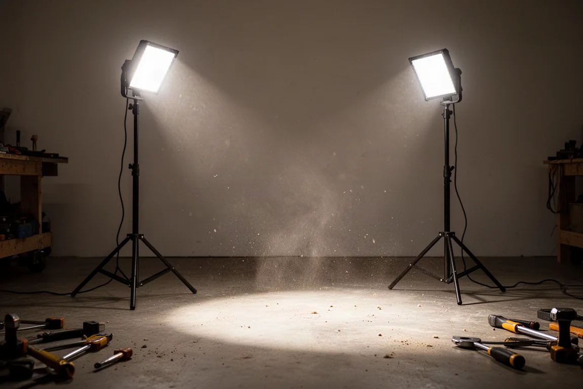 Luz de trabajo LED trípode iluminando el suelo de un taller oscuro