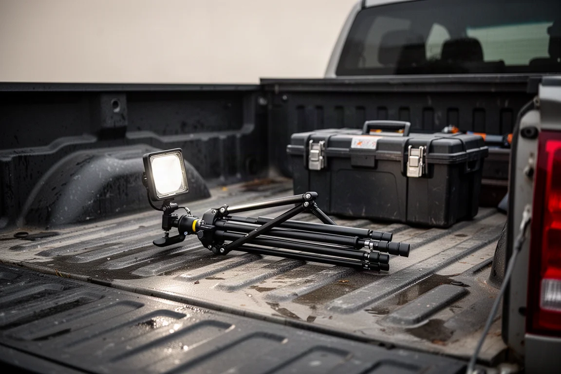 Luz de trabajo trípode plegada dentro de la caja de una camioneta