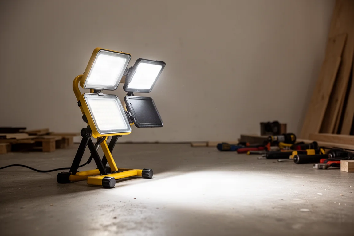 A folding LED work light casting bright light across a workshop floor