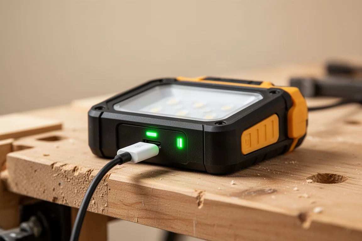Battery work light charging through a USB-C cable