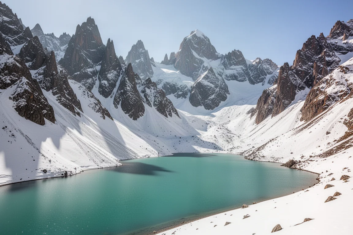 Turquoise alpine lake bordered by jagged snowcapped Andes peaks