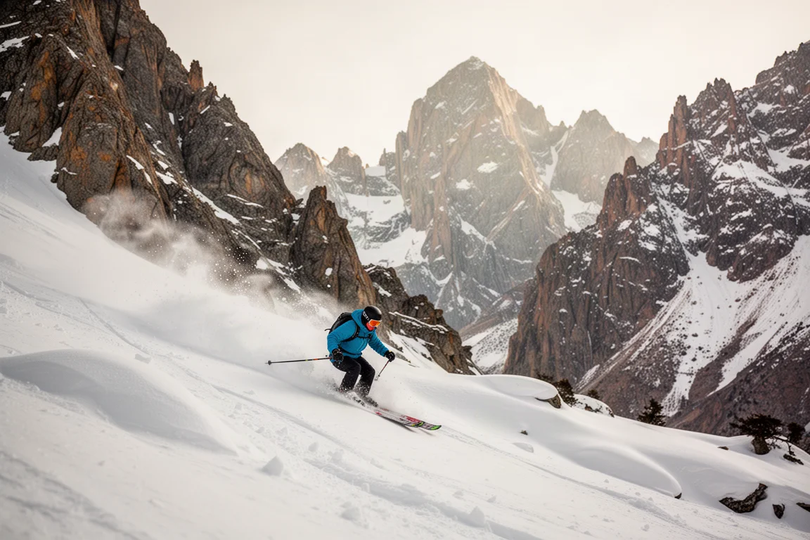 Skier carving a steep ungroomed black run above tree line