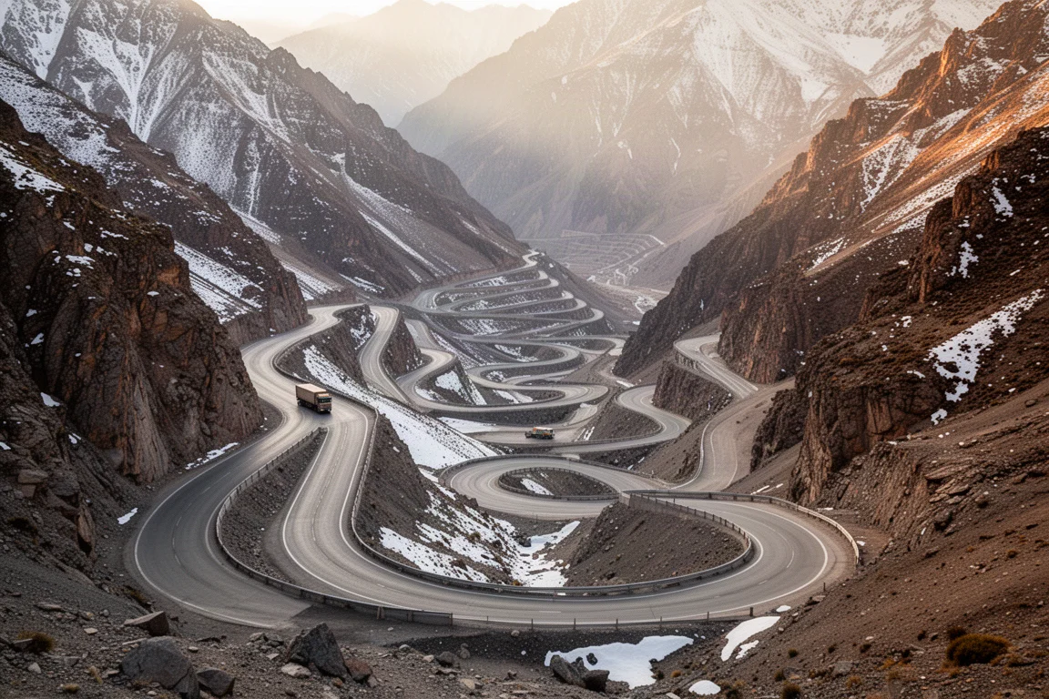 Winding mountain access road with tight switchbacks climbing into the Andes