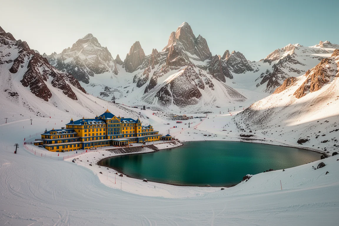 Yellow and blue hotel beside a turquoise alpine lake under snowcapped Andes peaks