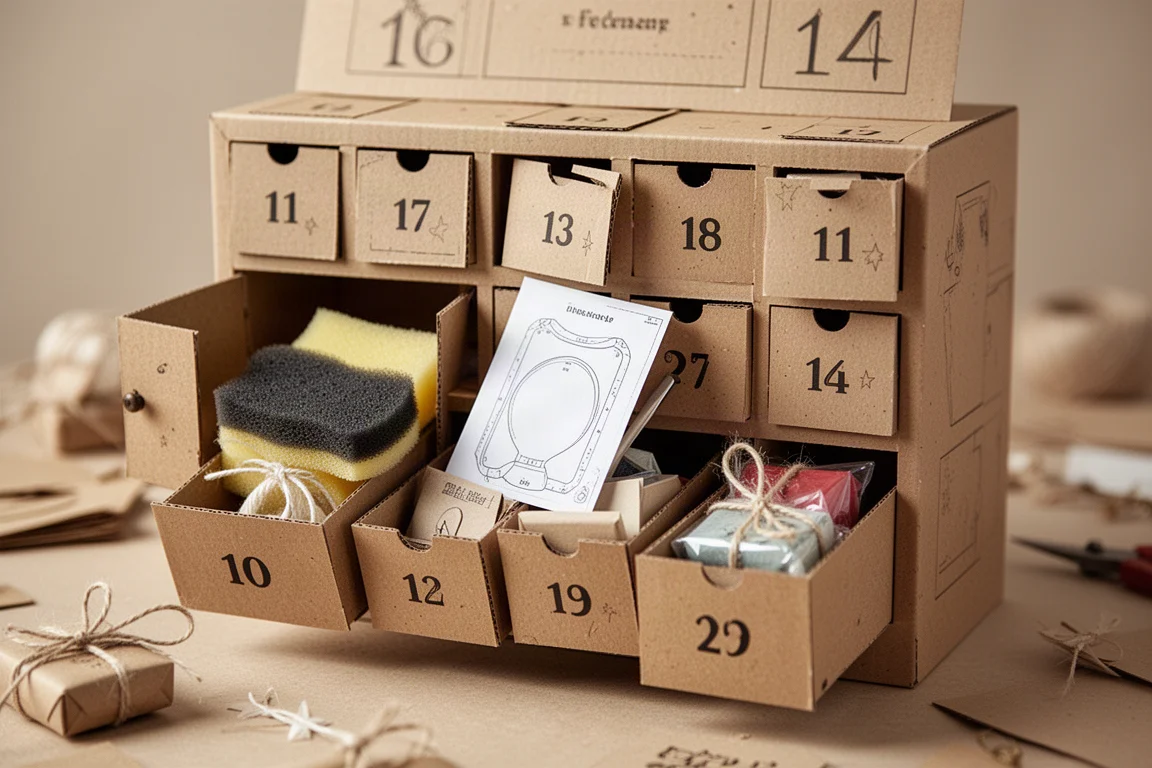 Puertas del calendario de adviento abiertas revelando materiales de manualidades en su interior