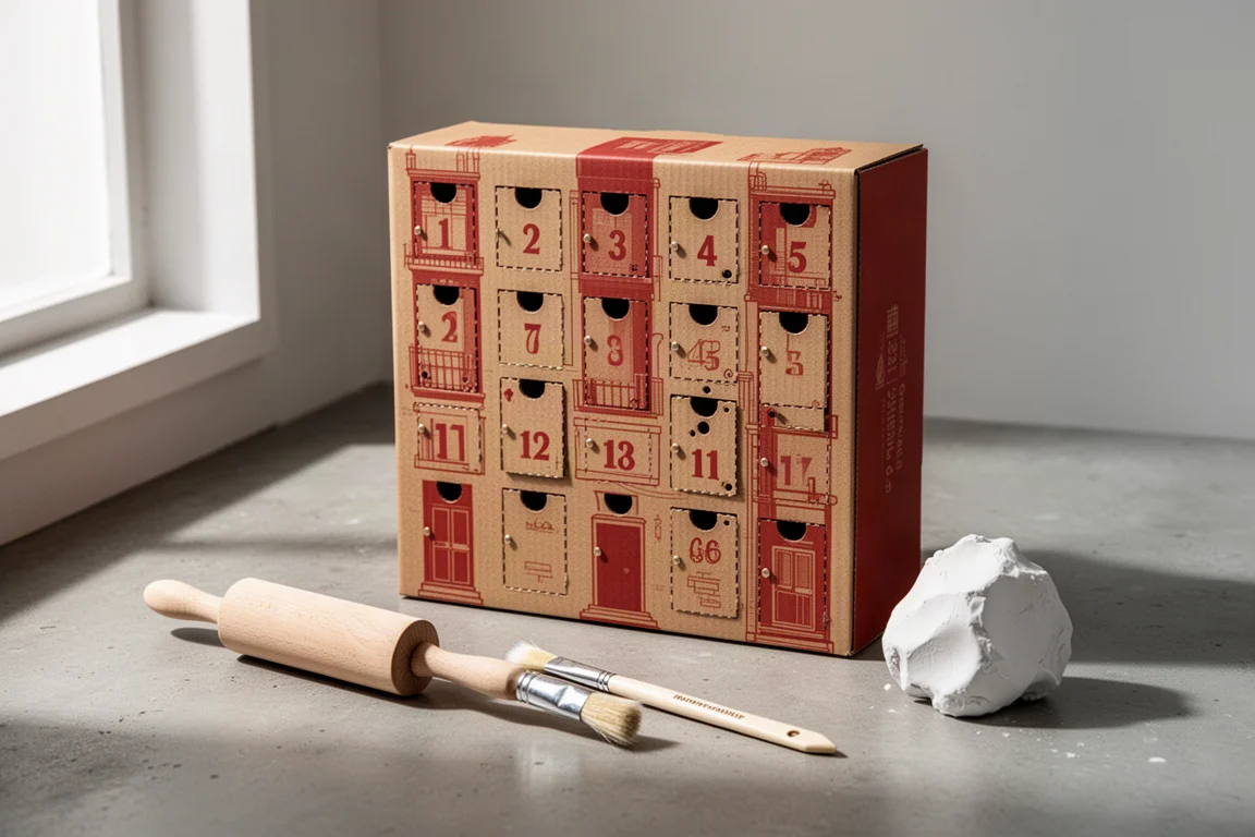 Scatola del calendario dell'Avvento in argilla Potted con materiali per l'artigianato su una superficie di cemento