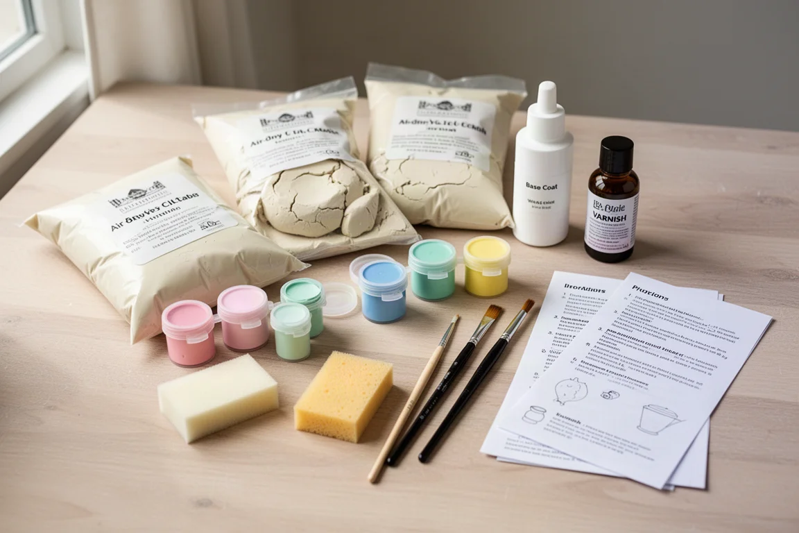 Contenuti del kit di ceramica disimballati disposti con ordine: argilla, colori pastello e pennelli