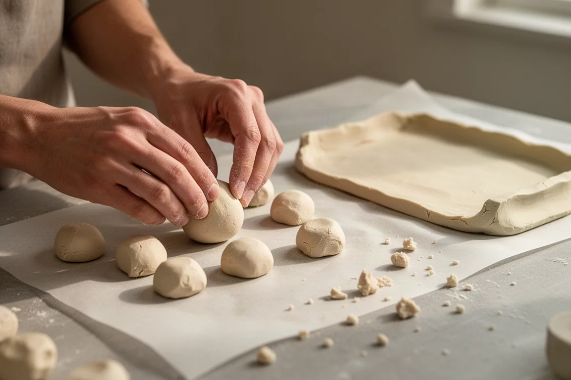Mani che modellano piccoli pezzi di argilla su carta forno a un tavolo da lavoro