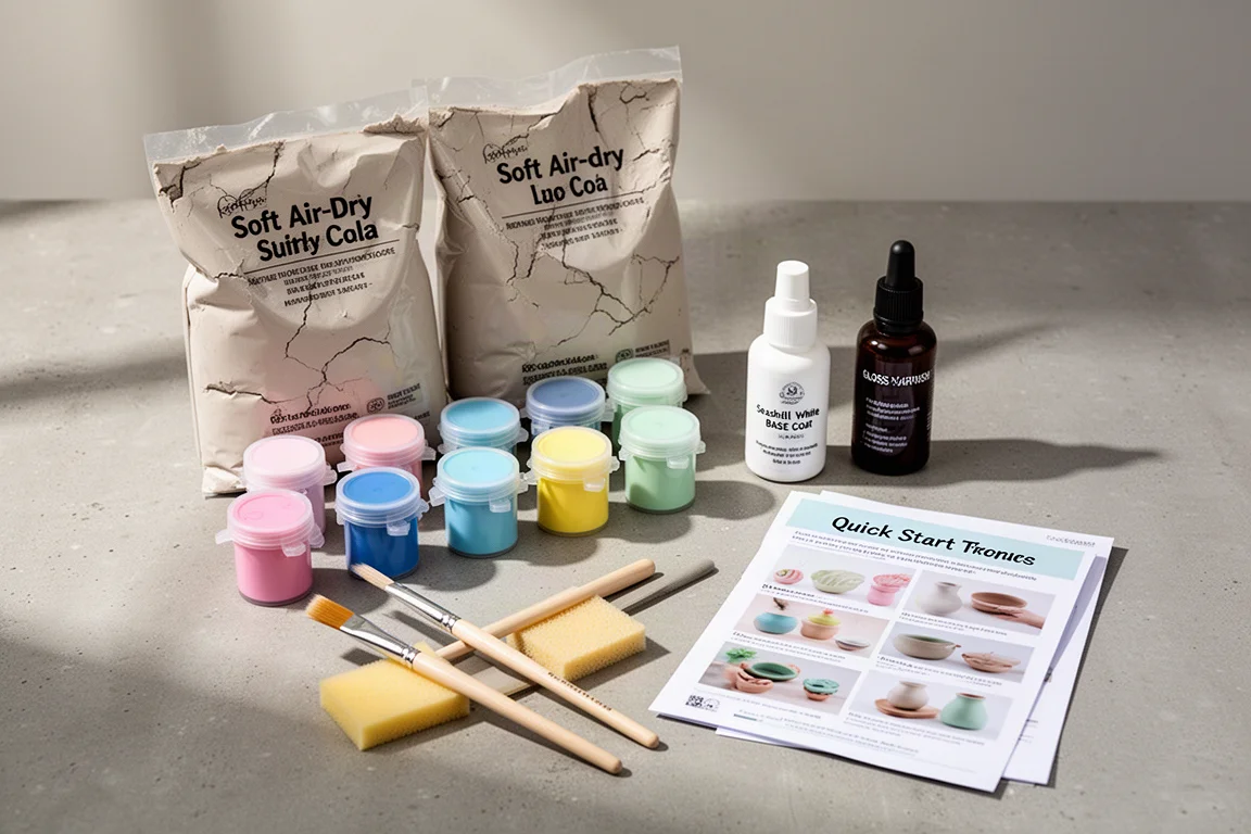 Kit di ceramica da casa aperto con sacchetti di argilla, colori pastello, pennelli e guida su cemento