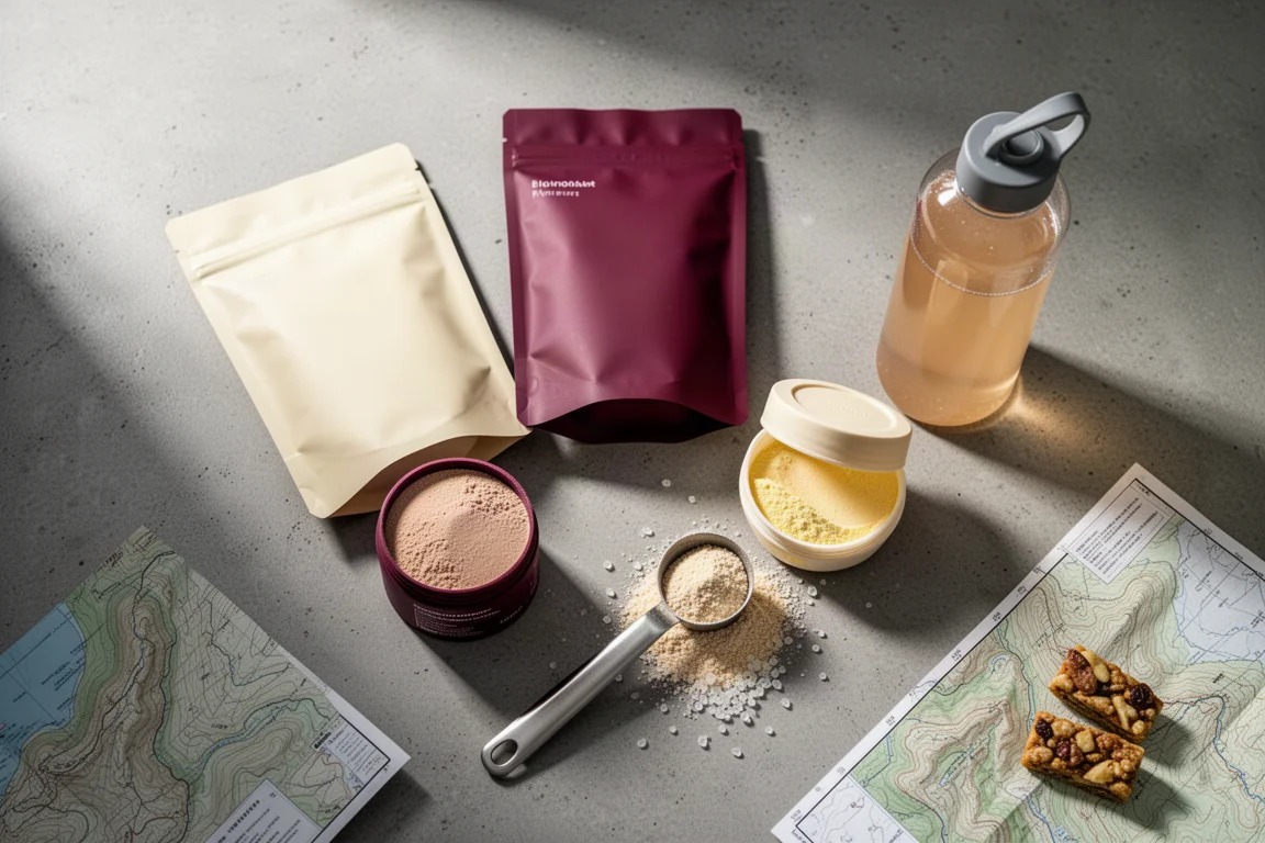 Powdered drink mixes, scoop, and water bottle arranged as an overhead flat lay