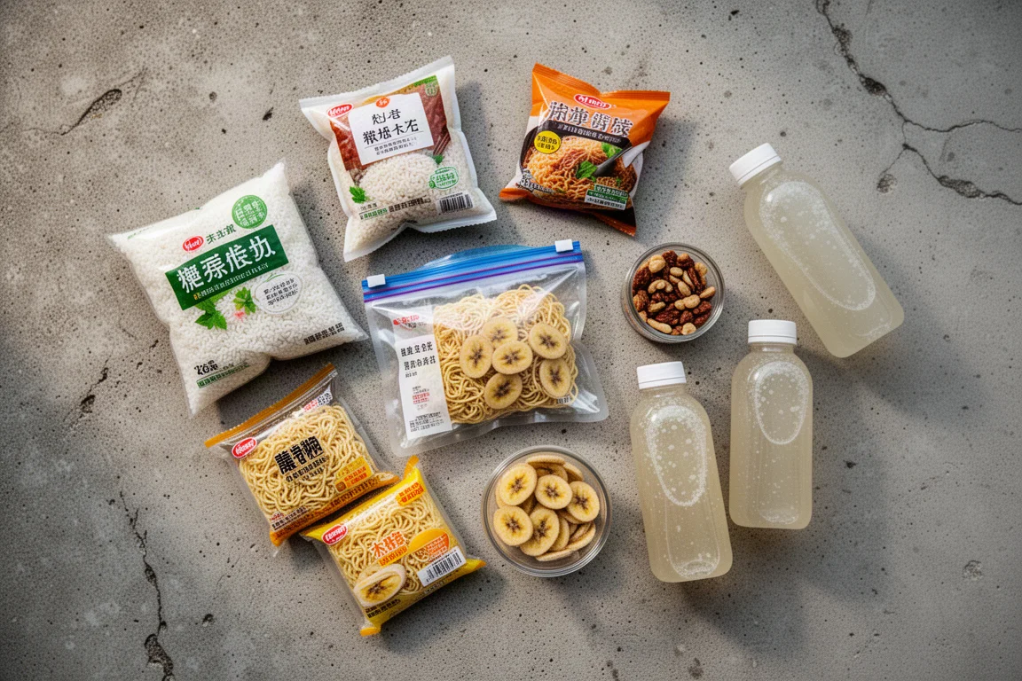 Flat-lay dall'alto di cibo da backpacking e miscele per bevande su cemento consumato