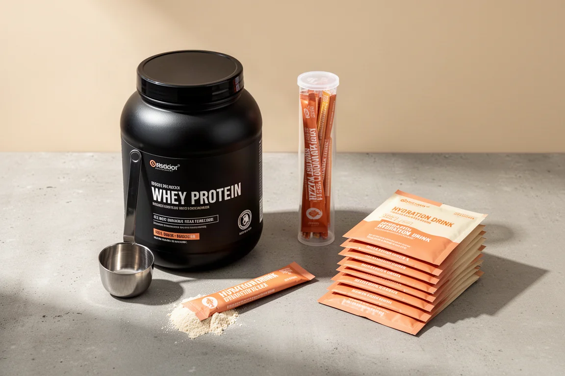 Three drink powder products arranged on a matte concrete surface in soft studio light
