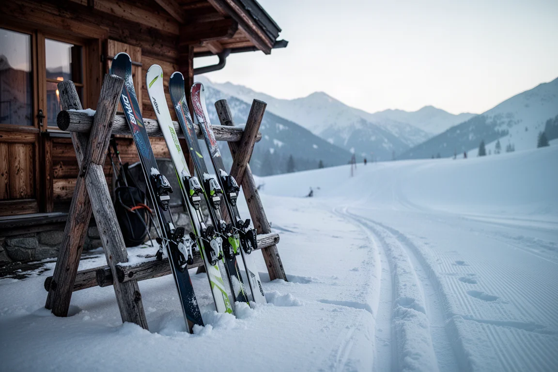 Quiver of skis leaning against a wooden rack outside a snow-covered lodge