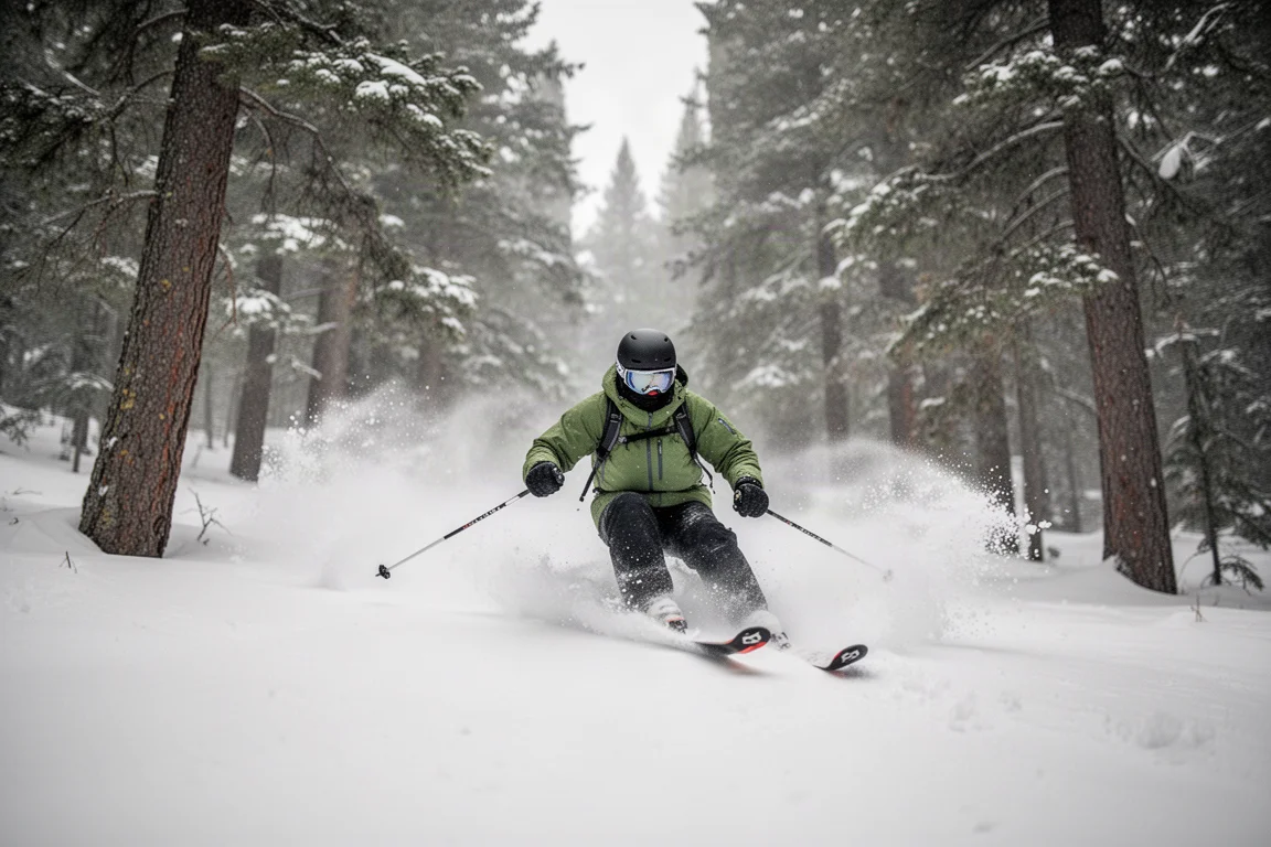 Skier making quick short-radius turns through light powder in a gladed tree run