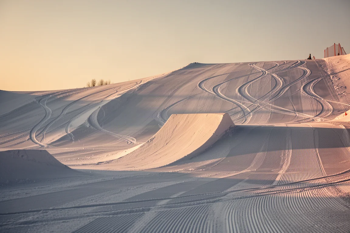 Snow park jump lip and groomed landing at golden hour with arcing ski tracks