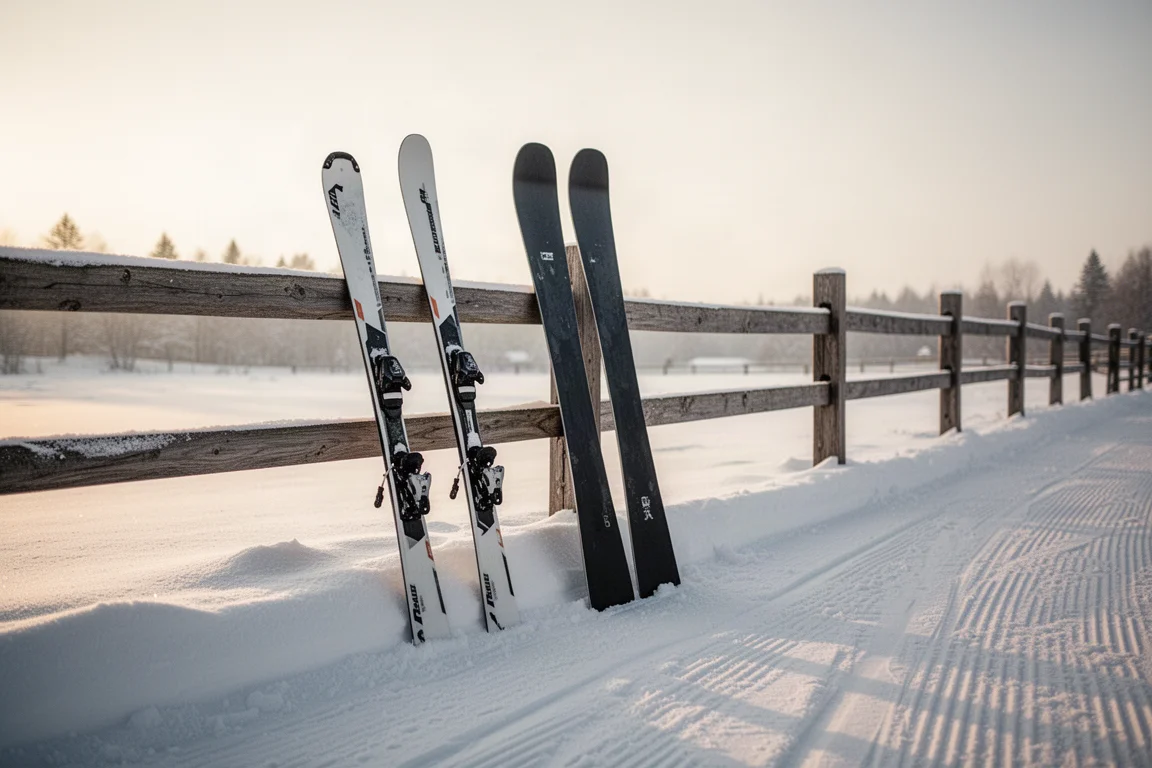 Two pairs of skis leaning against a wooden snow fence beside a groomed trail
