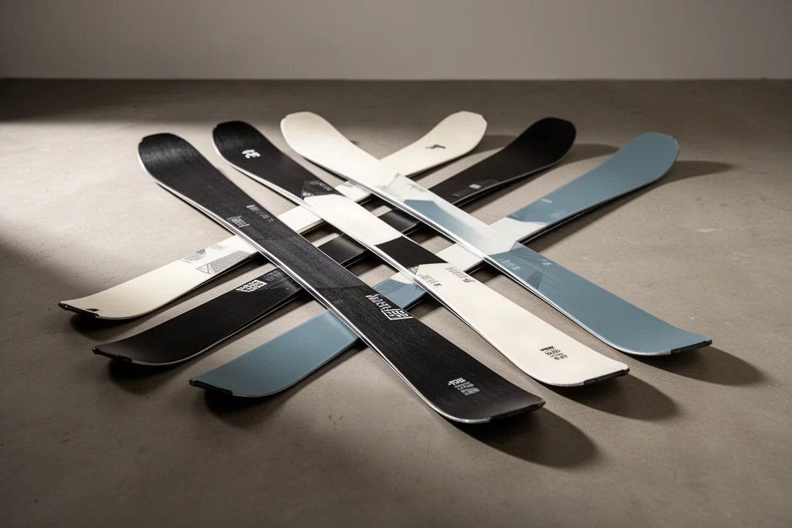 Fan of wide freeride and all-mountain skis laid out on a matte concrete floor