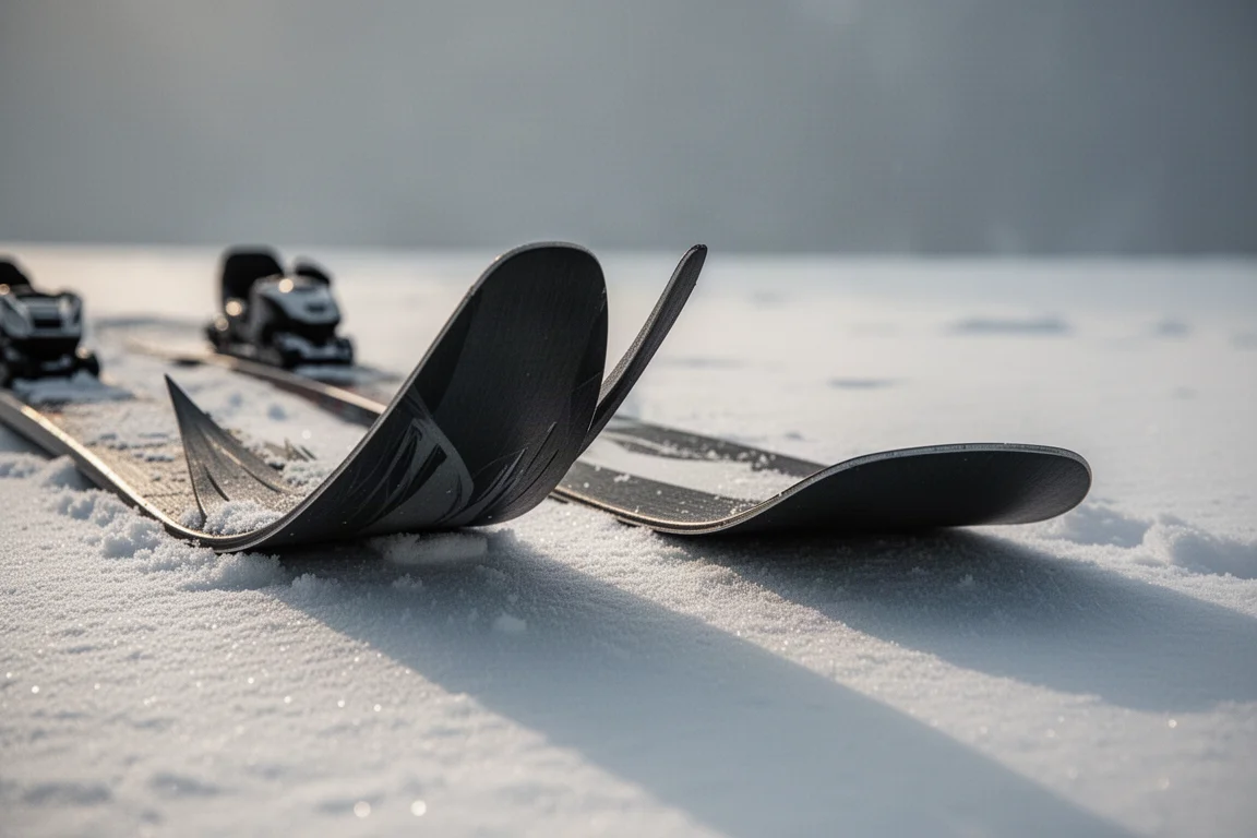 Close-up van twee brede ski-staarten op sneeuw met verschillende rockervormen