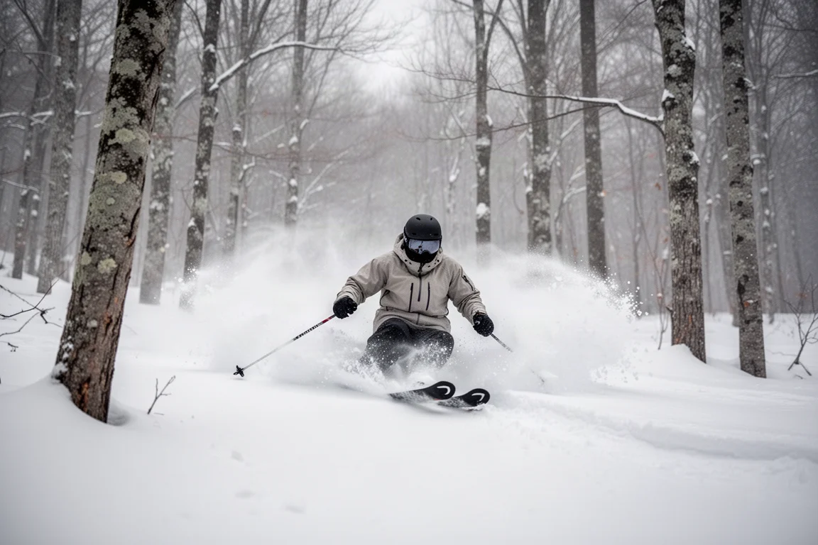 Skiër die door diepe poeder sneeuwt in een berijdbare boombaan