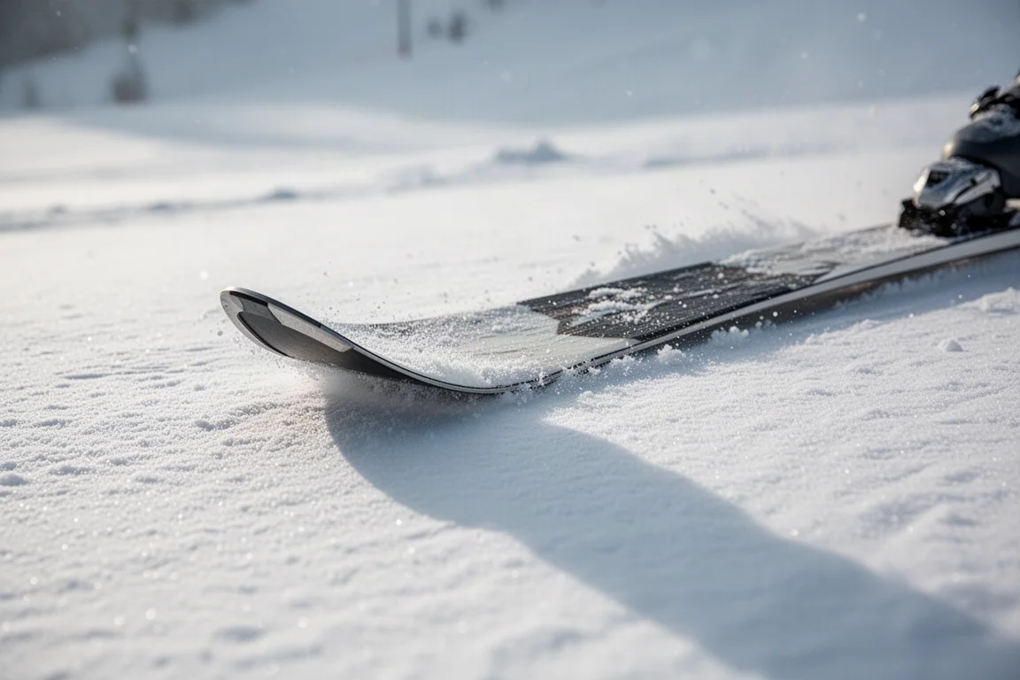 Brede skirand die stevige, uitgewaaide sneeuw vastpakt naast zachtere sneeuw