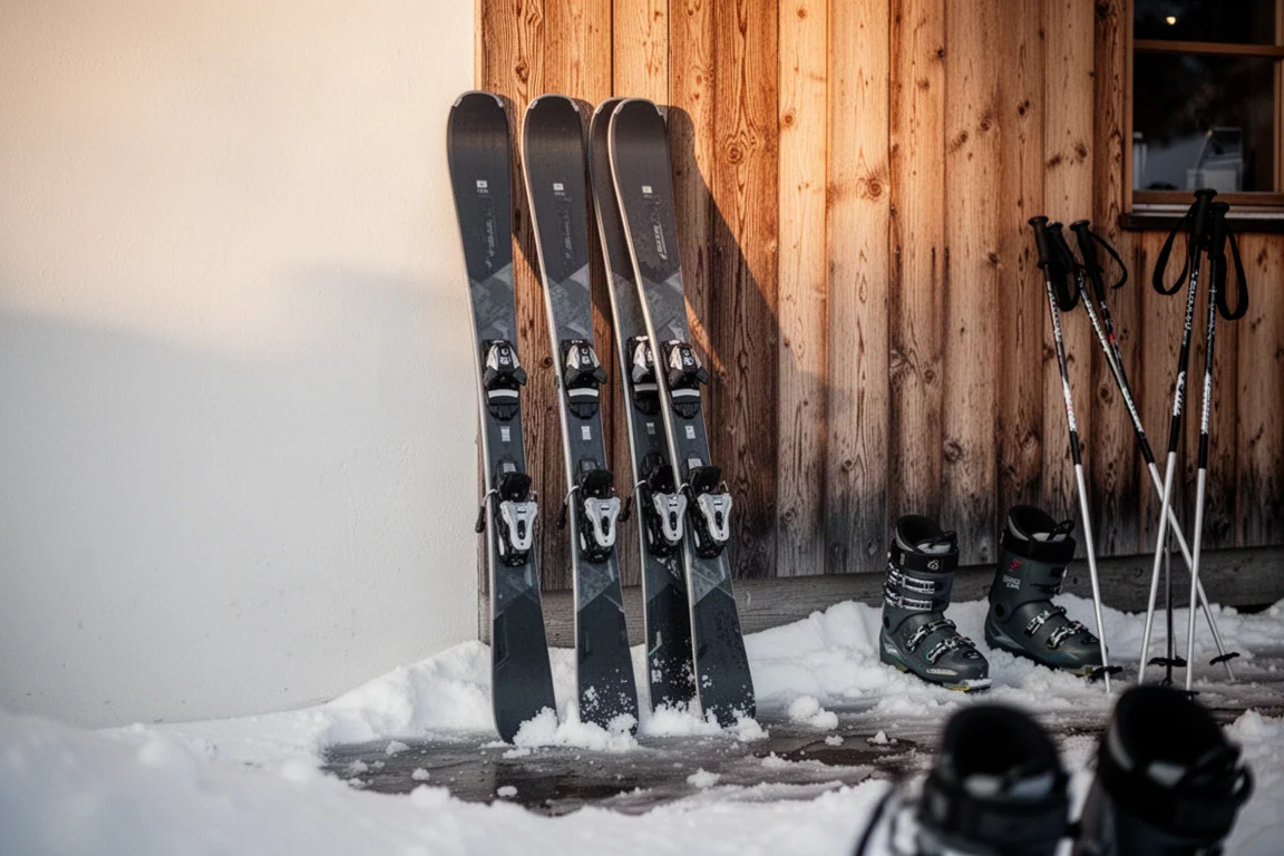 Verzameling brede poederski's leunend tegen een houten muur van een skioord
