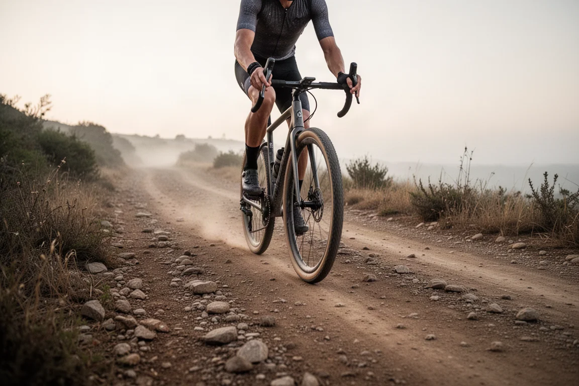 Gravel cyclist climbing a long steady ascent at dawn on a rough dirt road