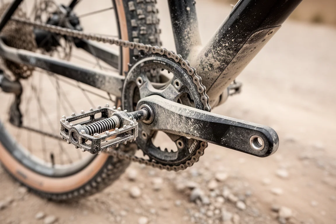 Close-up of a dusty off-road pedal and crank arm on a gravel bike